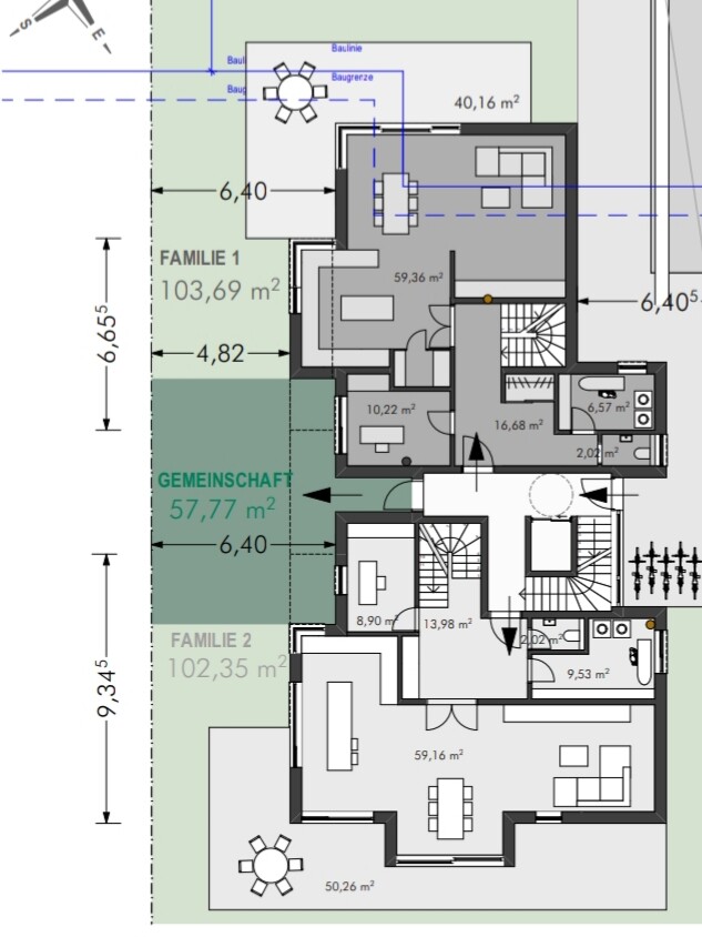 Grundriss eines Mehrfamilienhauses: Wohnräume, Gemeinschaftsfläche, Treppenhaus.
