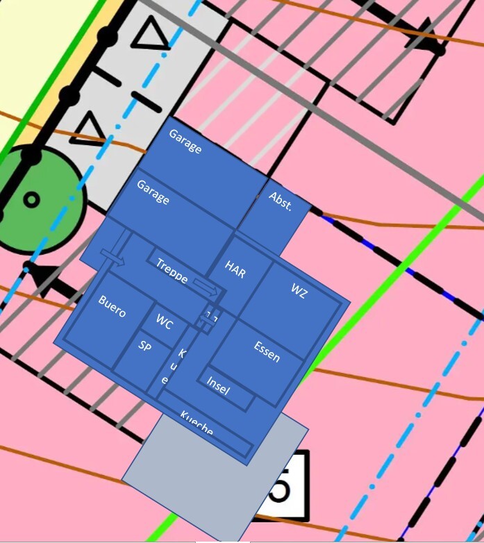 Grundrissplan in Blau über Karte mit Garage, Küche, Essen, WZ, Treppen.