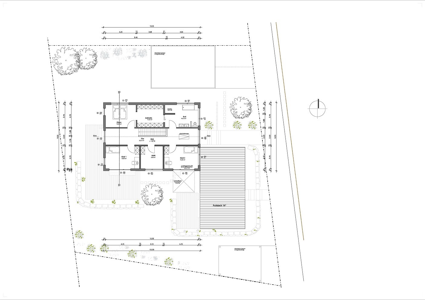 Grundriss eines Einfamilienhauses mit Garten, Terrasse und Zufahrt von oben