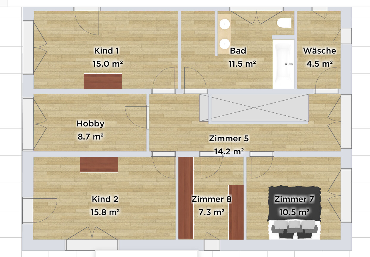 Grundriss eines Hauses mit Bad, Wäsche und mehreren Zimmern (Kind 1/2, Hobby, Zimmer 5,7,8).