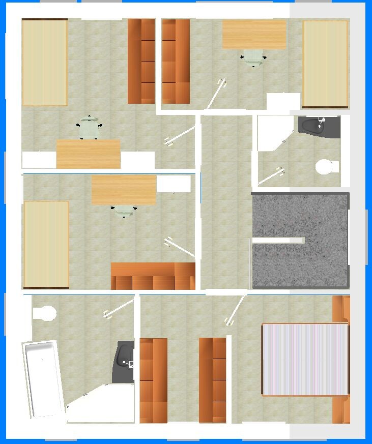 Grundriss eines Mehrzimmerhauses mit Tischen, Sofas, Betten und Bad.