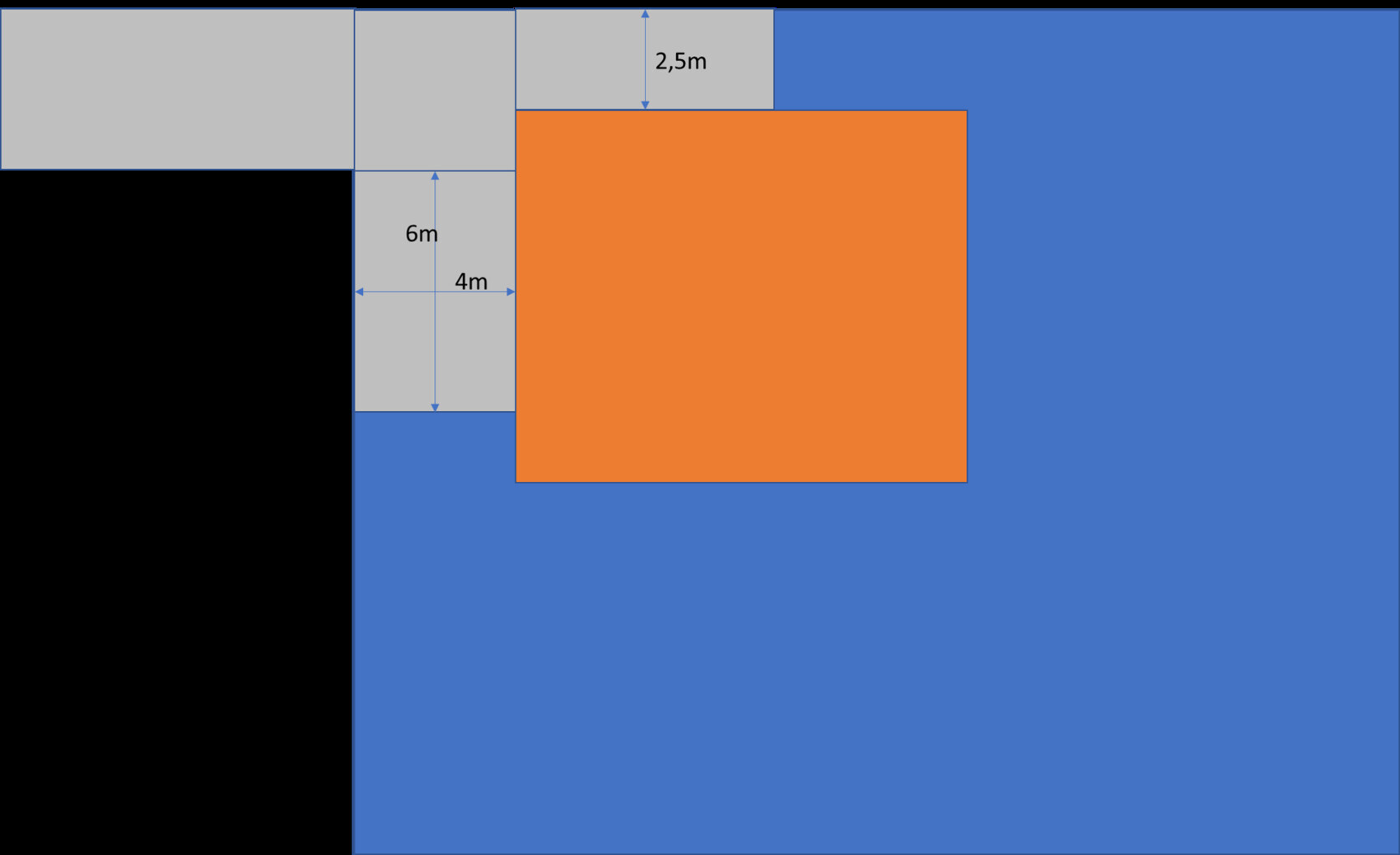 Grundriss: großes orangefarbenes Quadrat, graue Platten, blaue Fläche; Maße 6m, 4m, 2,5m.