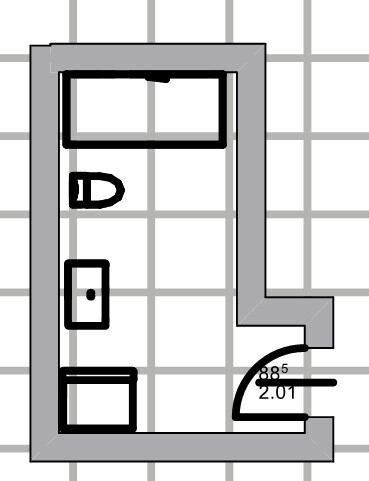 2D-Grundrissplan eines Innenraums mit Wänden, Türen und Möbeln in Graustufen
