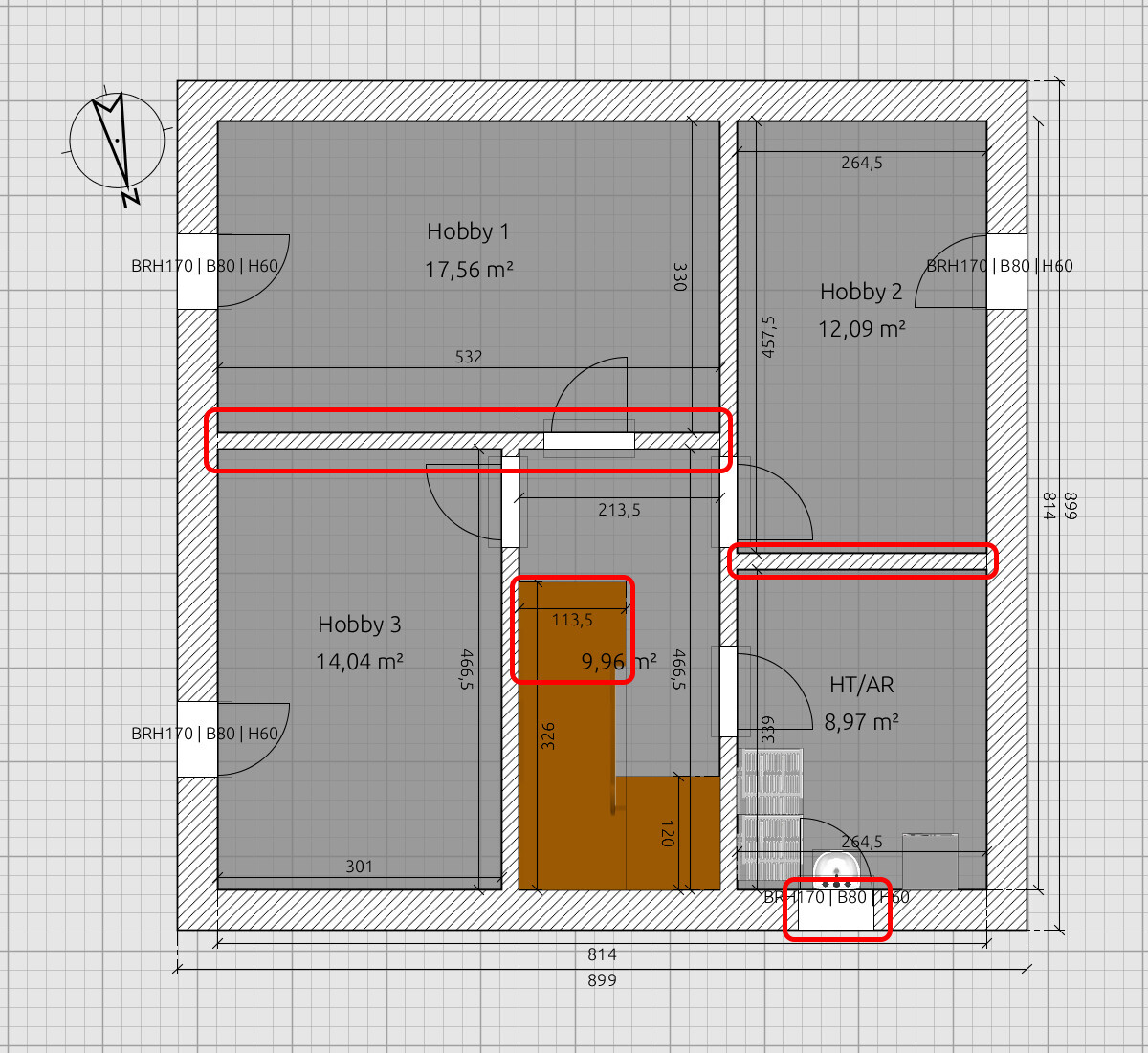 Grundriss eines Raumplans: Hobby 1, Hobby 2, Hobby 3, HT/AR mit Maßen und roten Markierungen.