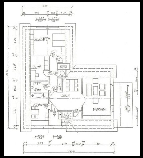 Grundriss einer Wohnung mit Schlafen, Kind, Bad, Küche, Diele und Wohnen (mit Maßen).