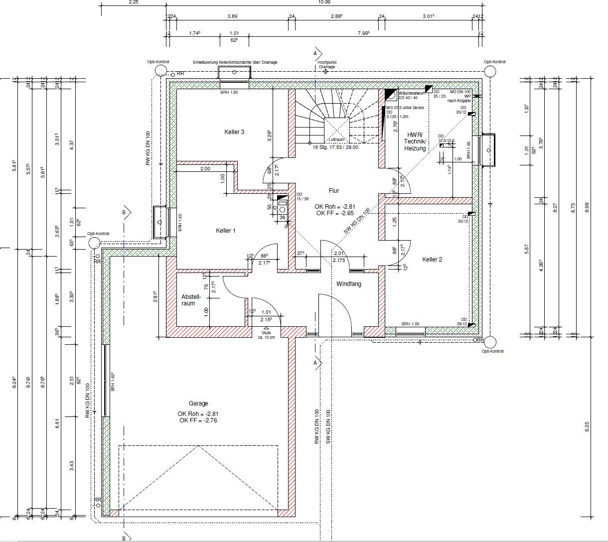 Grundrissplan eines Kellergeschosses mit Garage und Treppenhaus