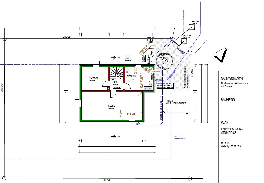 Grundriss eines Kellergeschosses mit Vorrat, Flur, Technik und Keller.