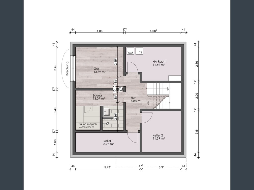 2D-Grundriss eines Hauses mit Kellern, Sauna, Gastzimmer und Flur