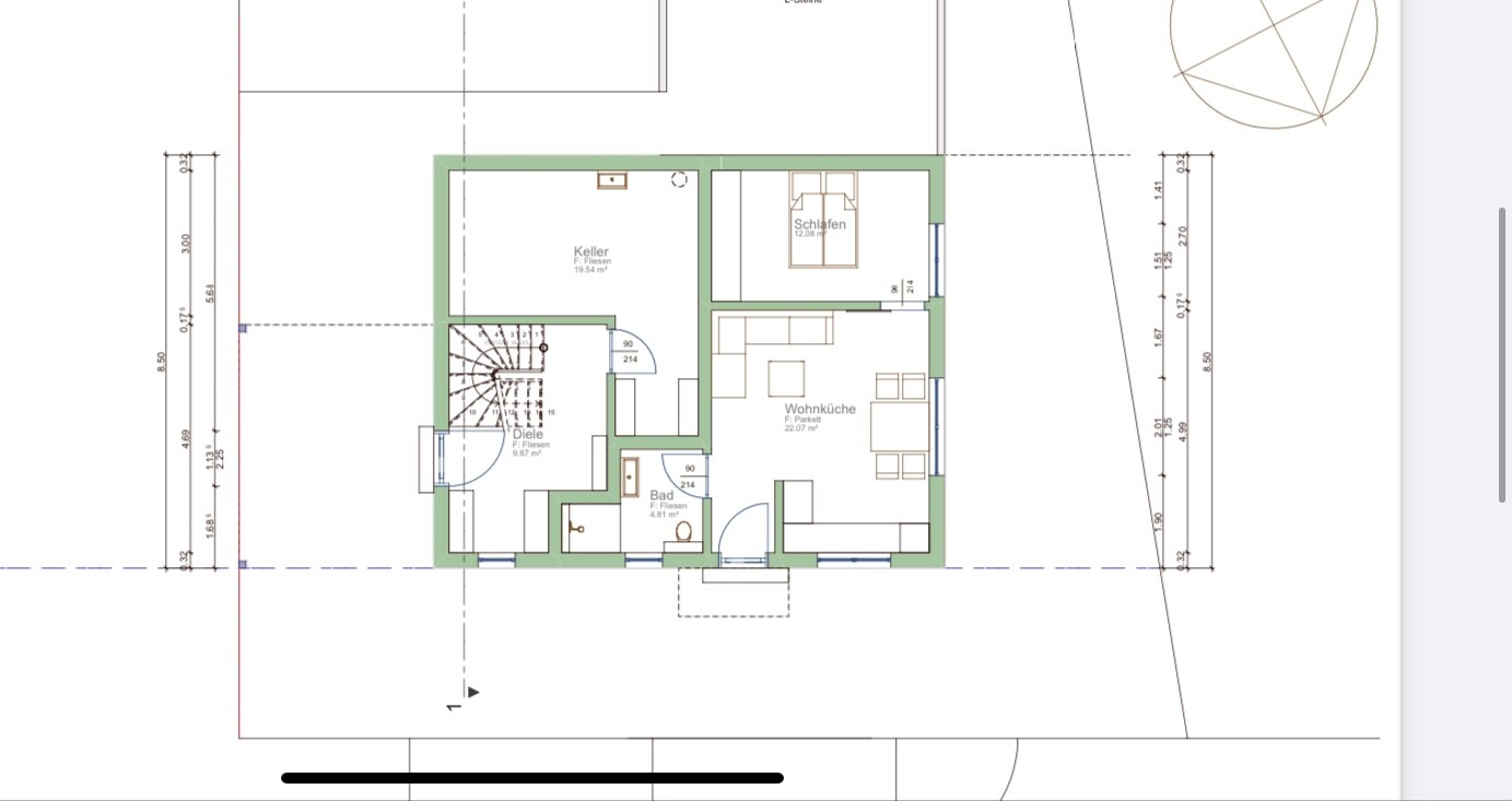 Grundriss eines Hauses: Keller, Diele, Bad, Schlafen, Wohnküche.