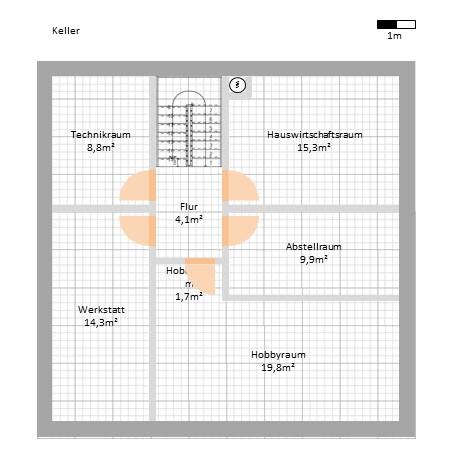 Keller-Grundriss mit Technikraum, Hauswirtschaftsraum, Abstellraum, Hobbyraum und Flur