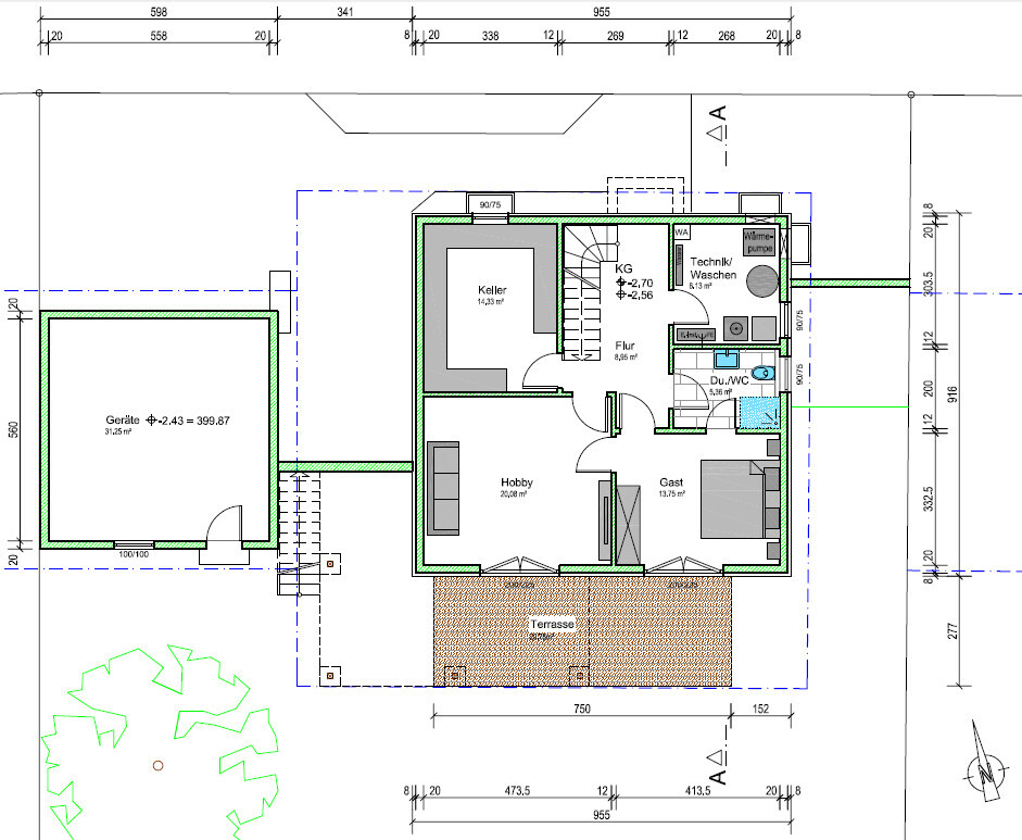 Grundriss eines Hauses: Keller, Hobby, Gast, Flur, Dusche/WC, Technik/Waschen, Terrasse.