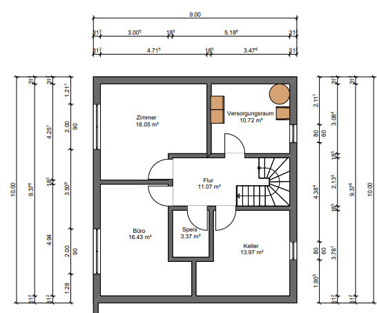Grundriss eines Kellergeschosses mit Flur, Zimmer, Büro, Speis, Keller und Versorgungsraum