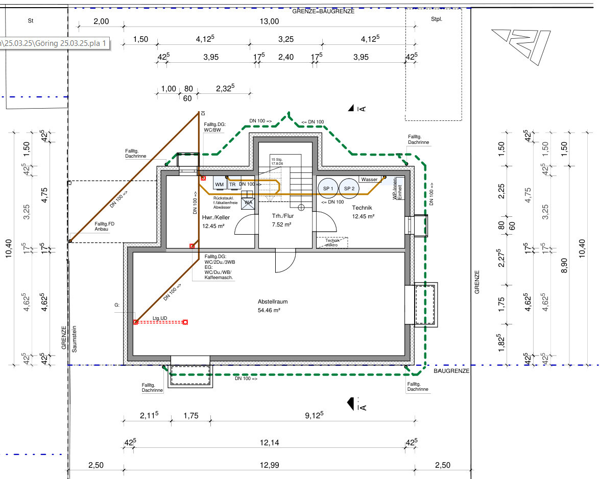 Grundriss Kellergeschoss: Abstellraum, Technik, Hwr./Keller, Treppe, Grenzlinien.