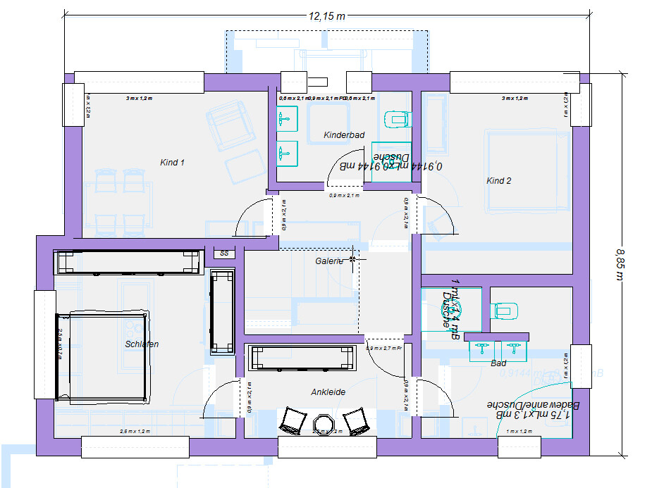 Obergeschoss-Grundriss: zwei Kinderzimmer, Kinderbad, Galerie, Ankleide und Schlafbereich.