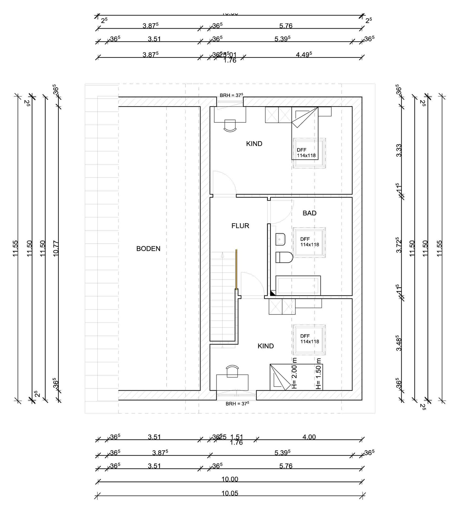 Grundriss eines Obergeschosses: zwei Kinderzimmer, Bad, Flur, Treppenhaus, offener Bodenbereich.