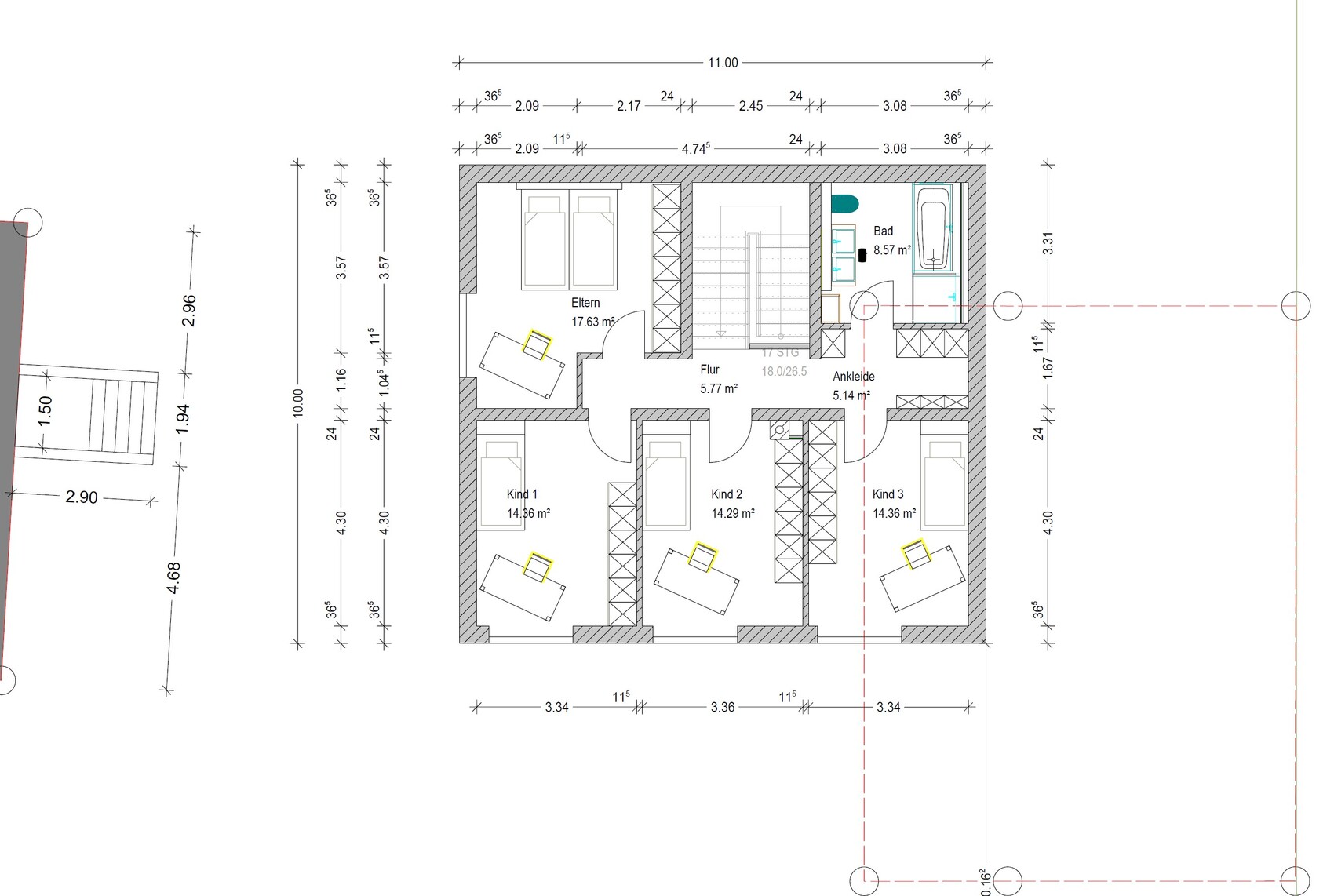 Grundriss eines Hauses mit Elternzimmer, drei Kinderzimmern, Flur, Ankleide und Bad.