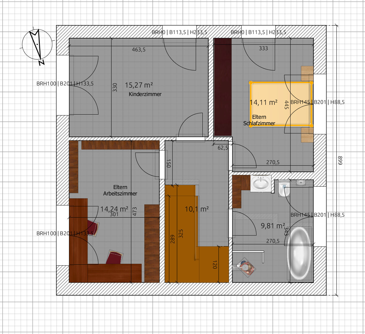 Grundriss eines Hauses mit Elternschlafzimmer, Kinderzimmer, Arbeitszimmer und Bad.