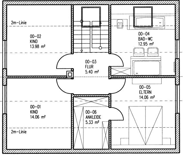 Grundriss eines Hauses: Flur, links zwei Kinderzimmer, rechts Elternzimmer, Bad-WC und Ankleide.