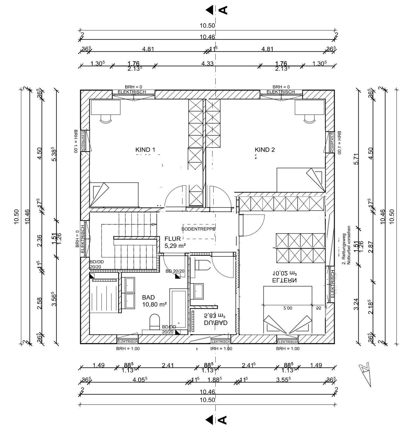 Grundriss eines Hauses: zwei Kinderzimmer, Flur, Bad, Treppe, Möbel und Türen, Maßlinien.