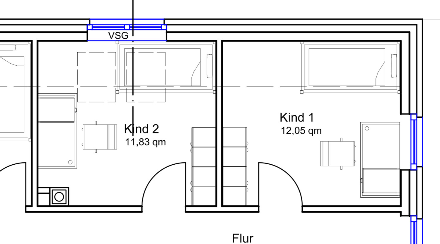 Grundriss eines Flurs mit zwei Kinderzimmern (Kind 1, 12,05 qm; Kind 2, 11,83 qm) und Möbel.
