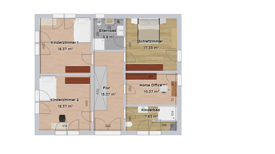 Grundriss einer Wohnung: Flur, Elternbad, Schlafzimmer, Home Office, Kinderzimmer 1/2, Kinderbad.