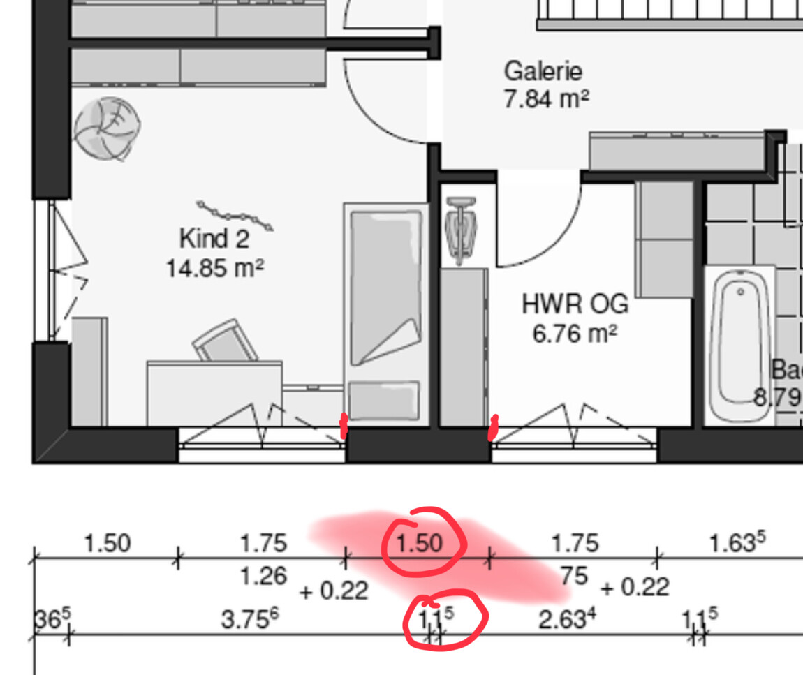 2D-Grundriss eines Hauses mit Kinderzimmer, HWR und Bad, Maßlinien sichtbar