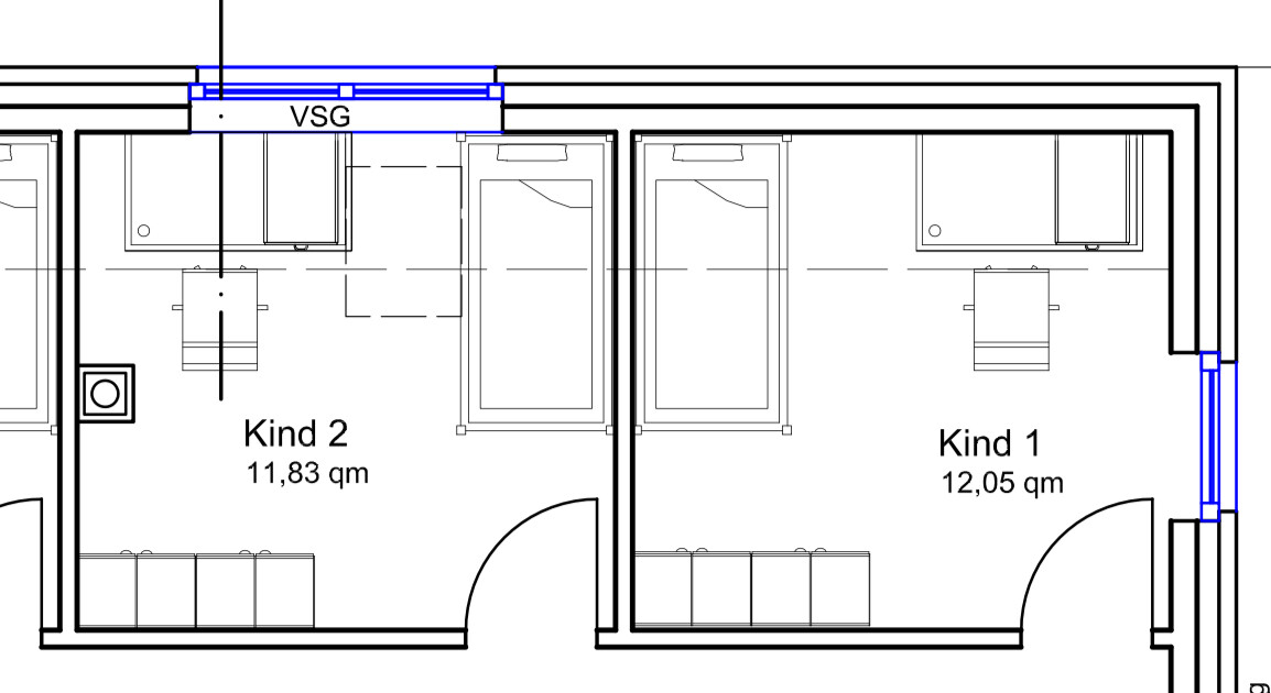 Grundriss: zwei Kinderzimmer mit Betten und Schreibtischen, Türen; ca. 12 qm und 11,8 qm