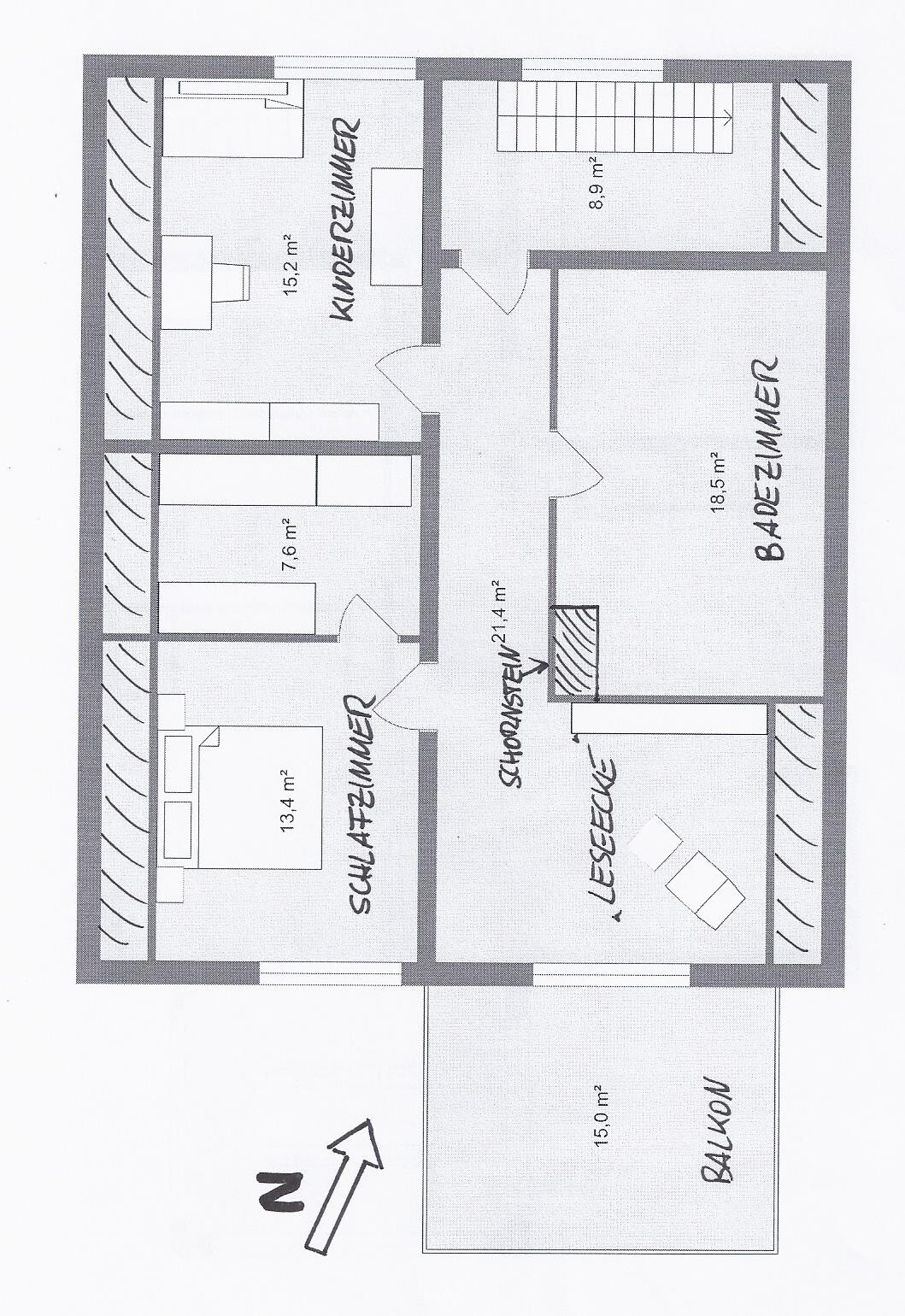 2D-Haus-Grundriss mit Schlafzimmer, Kinderzimmer, Bad, Lesezimmer und Balkon