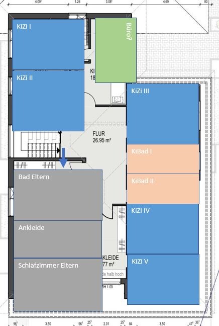 Detaillierter Grundriss eines Hauses mit Kinderzimmern, Schlafzimmer, Bad und Flur