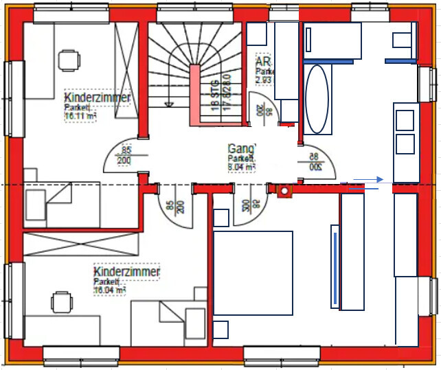 Grundriss einer Wohnung mit zwei Kinderzimmern, Flur, Treppen und Küchen-/Wohnbereich.