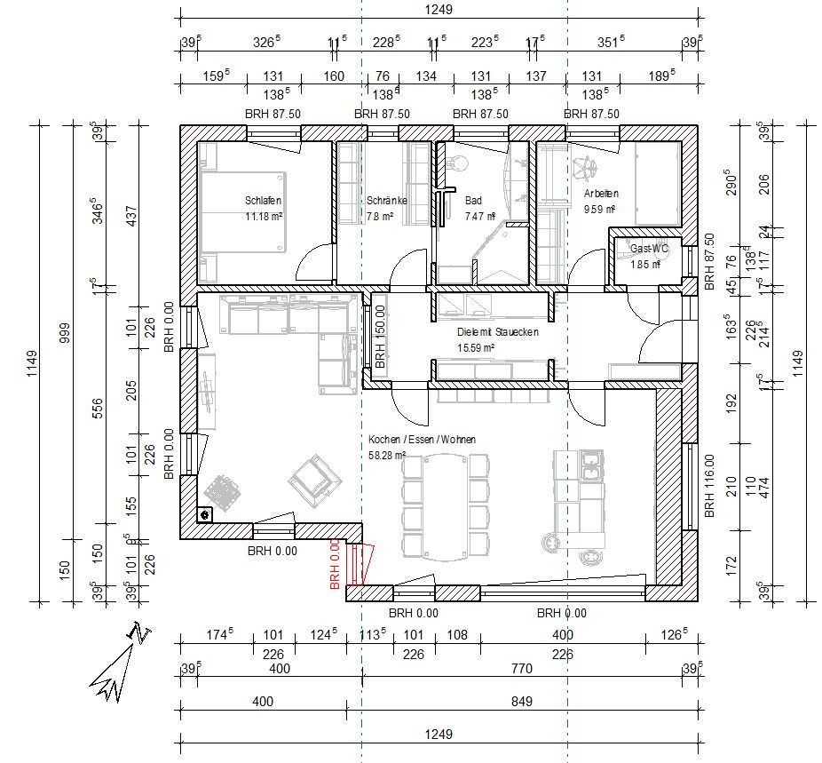 Grundrissplan eines Einfamilienhauses mit Küche, Essen, Wohnen und Schlafzimmer
