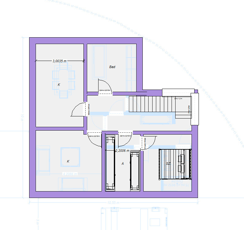 Grundriss eines Hauses mit Küche (K), Bad, Schlafzimmer (SZ), Raum A und Treppen.