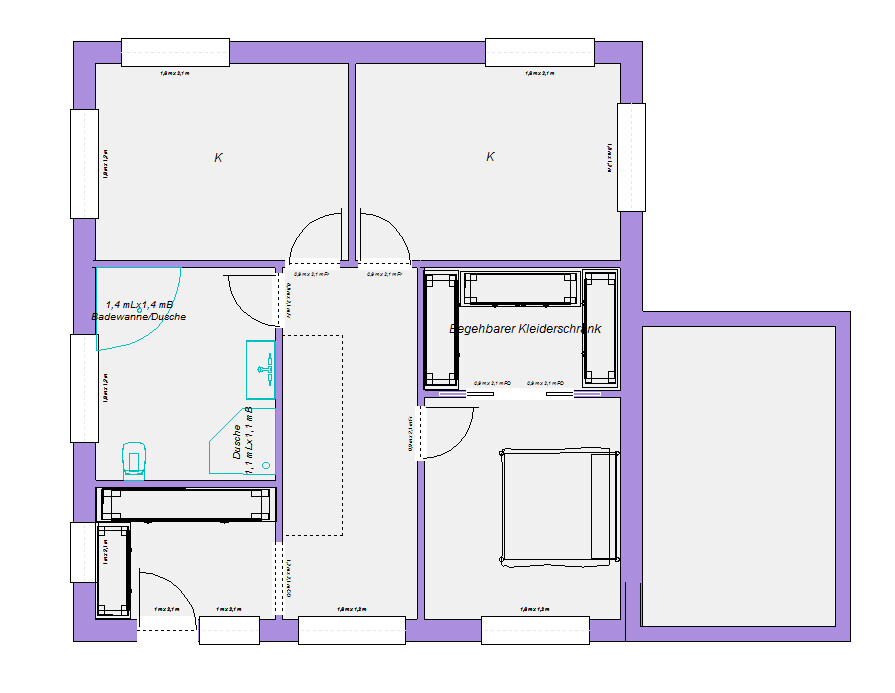 Grundriss einer Wohnung: zwei Zimmer, Küche, Bad mit Badewanne/Dusche, begehbarer Kleiderschrank.