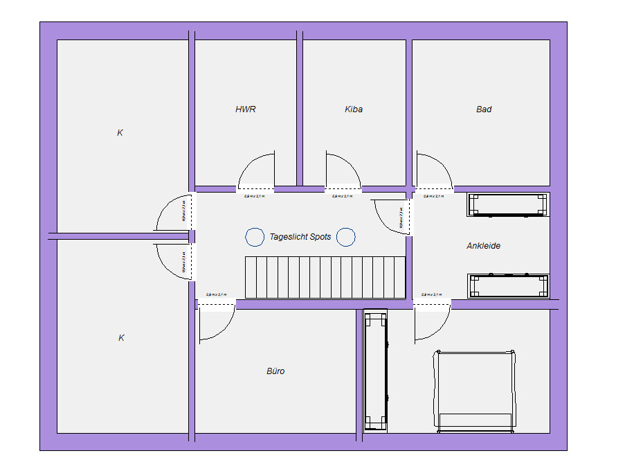 Grundriss eines Stockwerks: Zimmer K, HWR, Kiba, Bad, Ankleide, Büro; zentraler Treppenbereich.