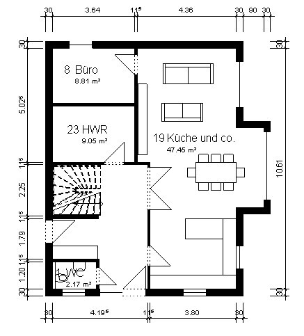 2D-Grundriss eines Hauses mit Küche, Büro und Waschraum