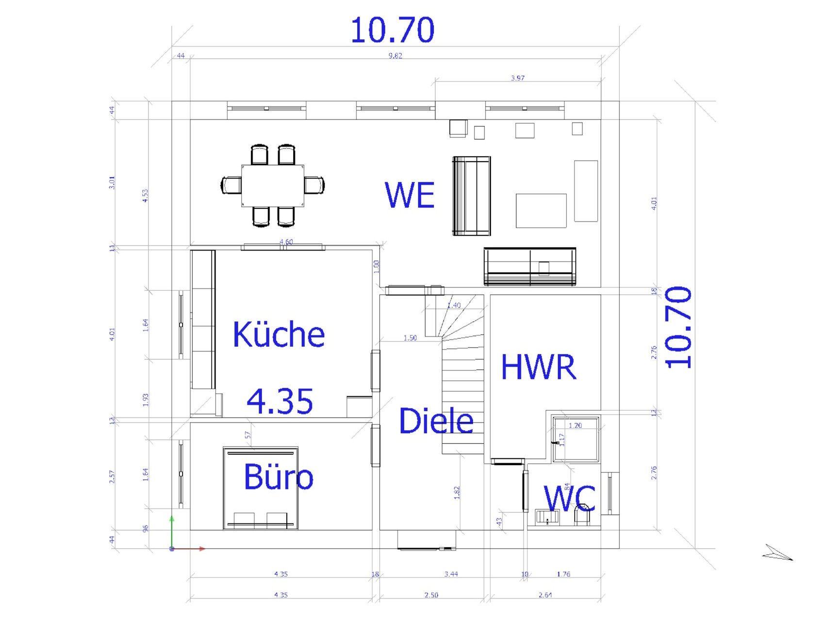 Grundriss eines Hauses mit Küche, Büro, Diele, HWR, WE und WC.