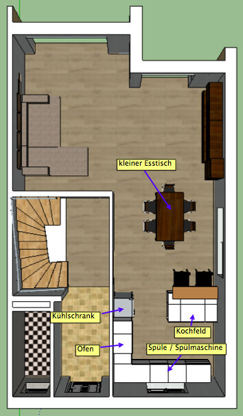 2D Grundrissplan eines Hauses mit Wohnbereich, Küche und Esstisch