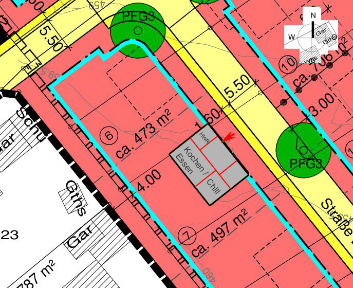 Grundrissplan eines Grundstücks mit farbigen Parzellen, Küche/Essen, ca. 473 m2, Nordpfeil.
