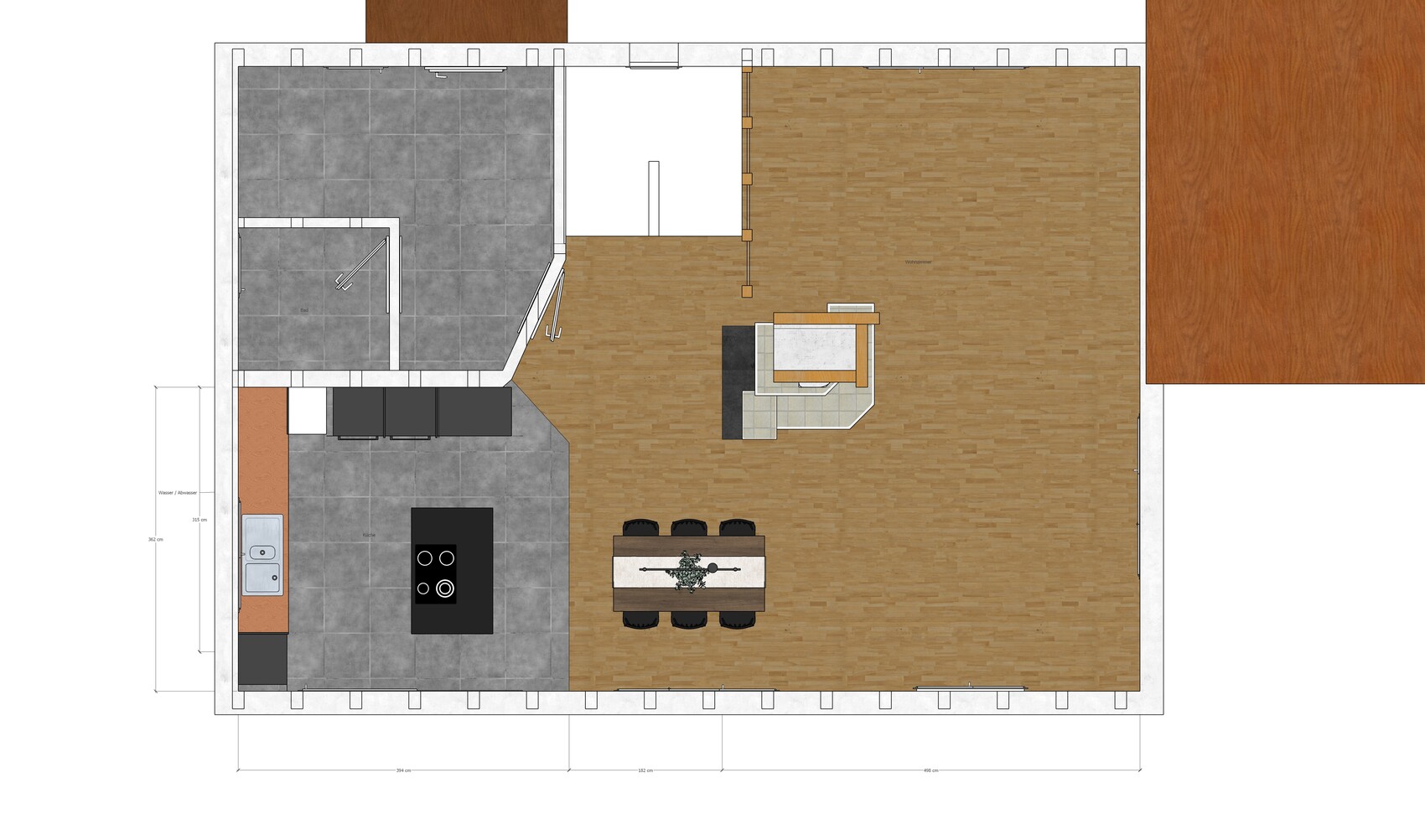 Grundriss eines Hauses mit Küche, Essbereich und Wohnzimmer im offenen Grundriss.