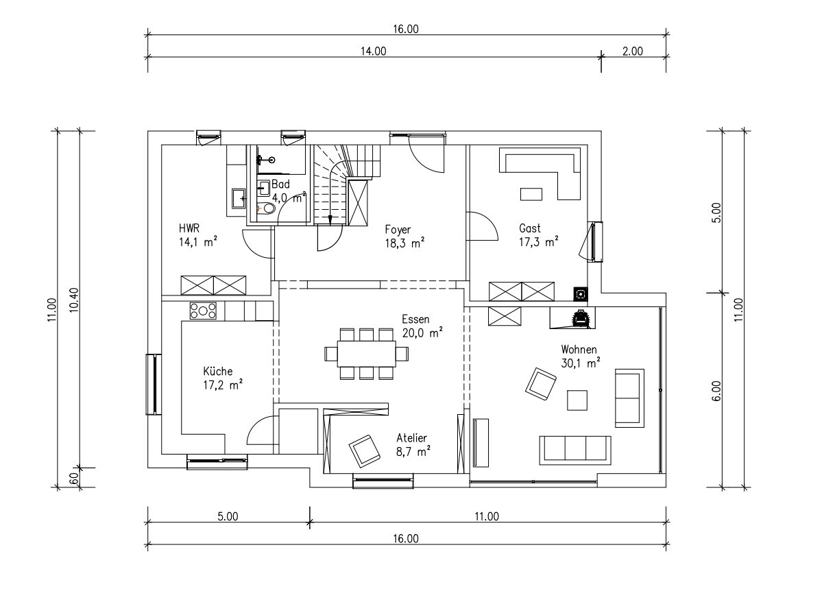 Grundriss eines Einfamilienhauses mit Küche, Essbereich, Wohnen, Atelier und Bad.