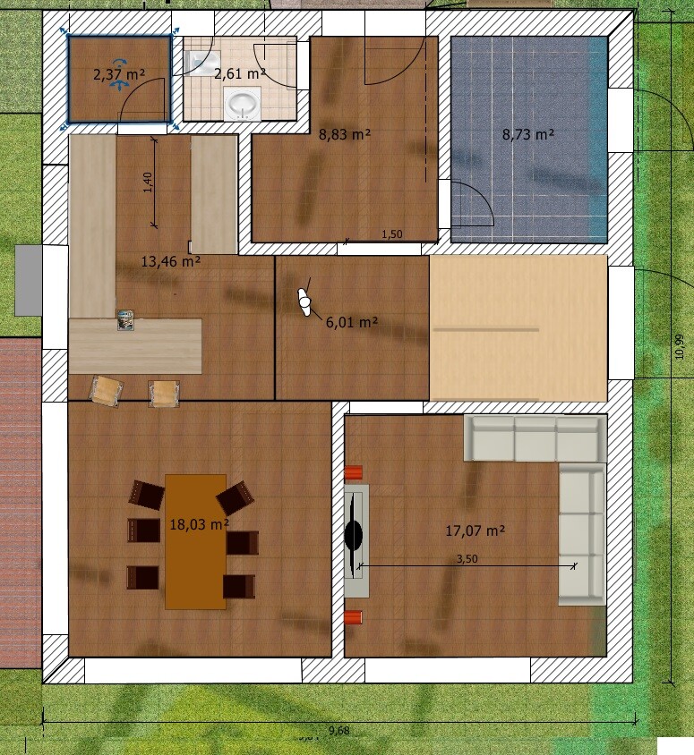 Grundriss eines Einfamilienhauses mit Küche, Essbereich, Wohnzimmer und Terrasse