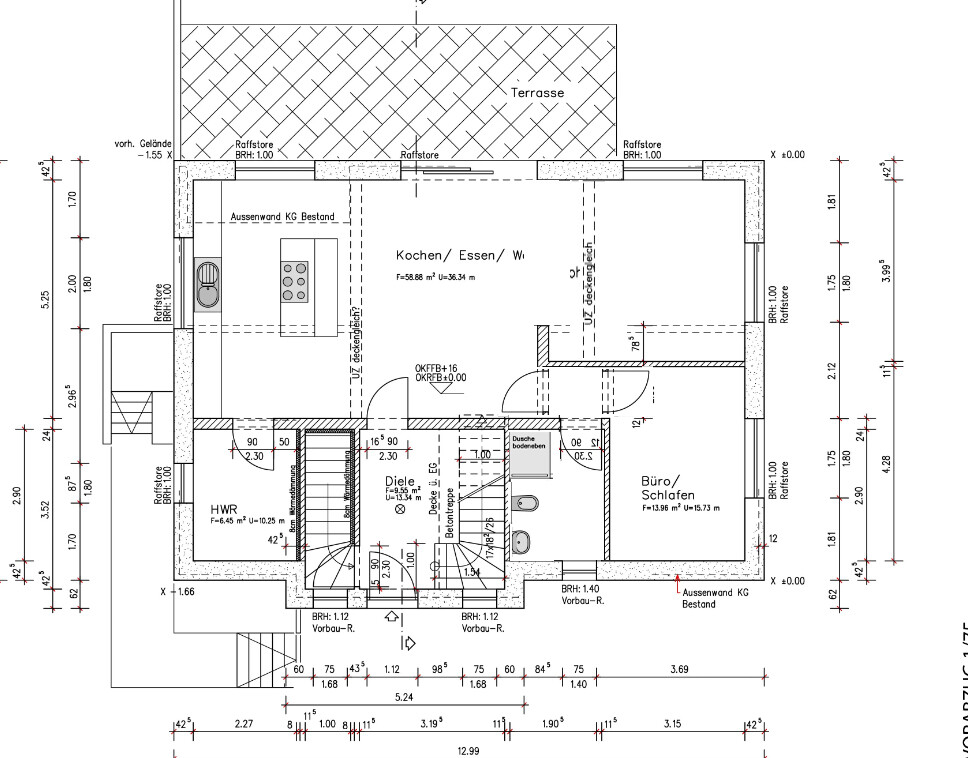 Zweidimensionaler Hausgrundriss mit Küche, Essbereich, Diele und Terrasse