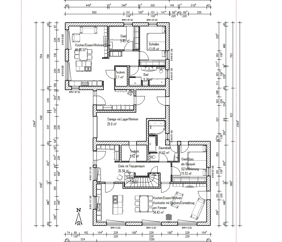 Grundriss eines Hauses mit Küche, Wohnen, Bad, Garage, Sauna und Technik.