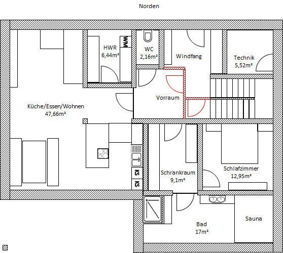 Grundriss eines Hauses mit offener Küche, Essen/Wohnen, Schlafraum, Bad, Sauna, WC, HWR, Vorraum