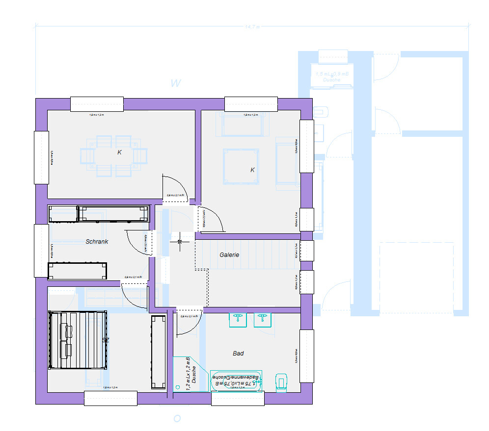 Grundriss eines Wohnhauses mit Küche, Bad, Galerie und Schrank.