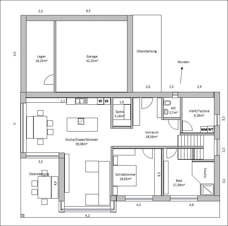 Grundriss: Garage, Lager, Kueche/Essen/Wohnen, Speis, Vorraum, Schlafzimmer, Bad, WC, HWR/Technik
