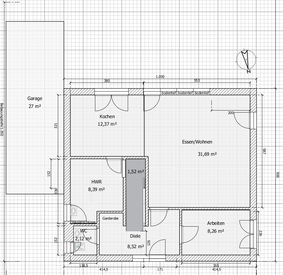 Grundriss eines Hauses: Küche, Essen/Wohnen, Garage, HWR, Diele, WC, Arbeiten.