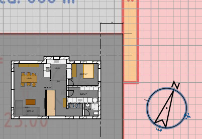 2D Grundriss eines Hauses mit Küche, Essbereich, Wohnzimmer und Bad, daneben Kompass.