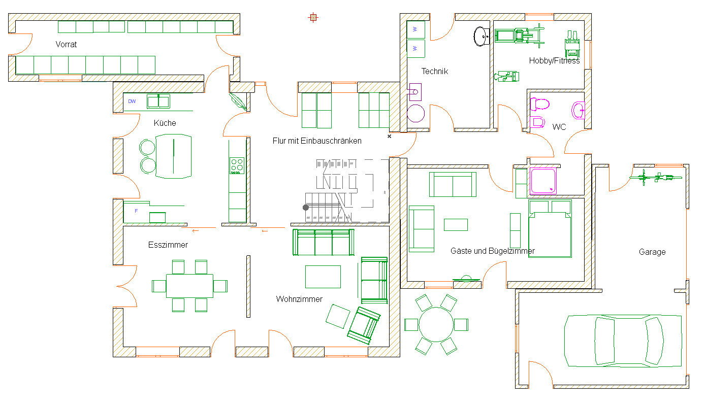 Grundrissplan eines Wohnhauses mit Küche, Esszimmer, Wohnzimmer, Gästezimmer und Garage