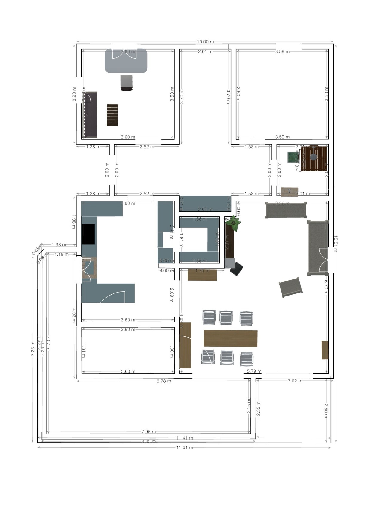 Detaillierter Grundriss eines Hauses mit Küche, Essbereich, Wohnzimmer und Schlafzimmer.